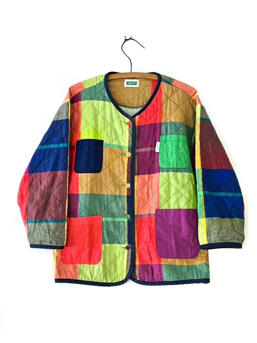 Vintage Benetton Rainbow Patchwork Quilted Colorblock Plaid Liner Jacket M/L
